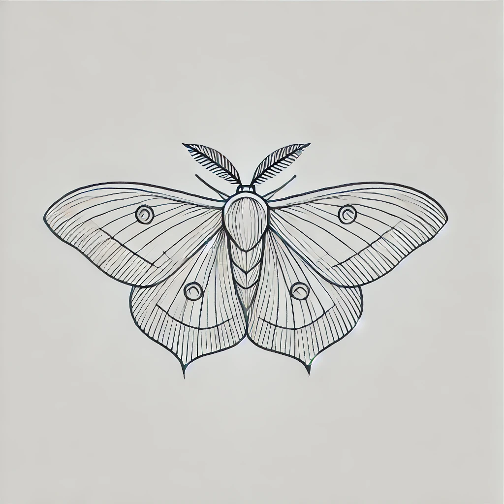 Simplified and modern line art of a moth, highlighting basic geometric contours and clean, thin outlines, centered on a neutral white background.