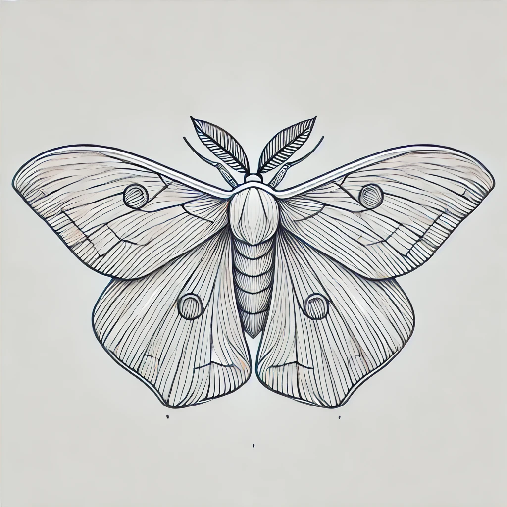 Minimalist and detailed line art drawing of a moth with intricate wing patterns and fine symmetrical lines, centered on a light gray background