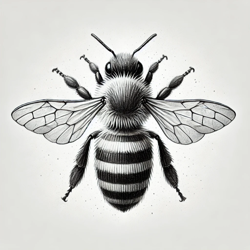 Top view of a bee pencil sketch with intricate wings and soft shading, ideal for realistic bee tattoo designs