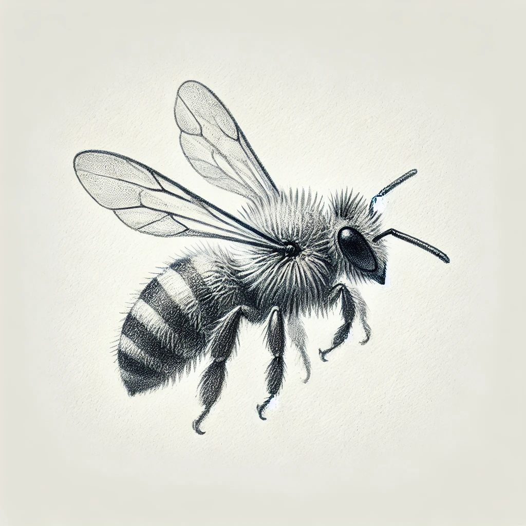 Side view of a semi-realistic bee sketch in grayscale, showcasing fine pencil details and elegant shading