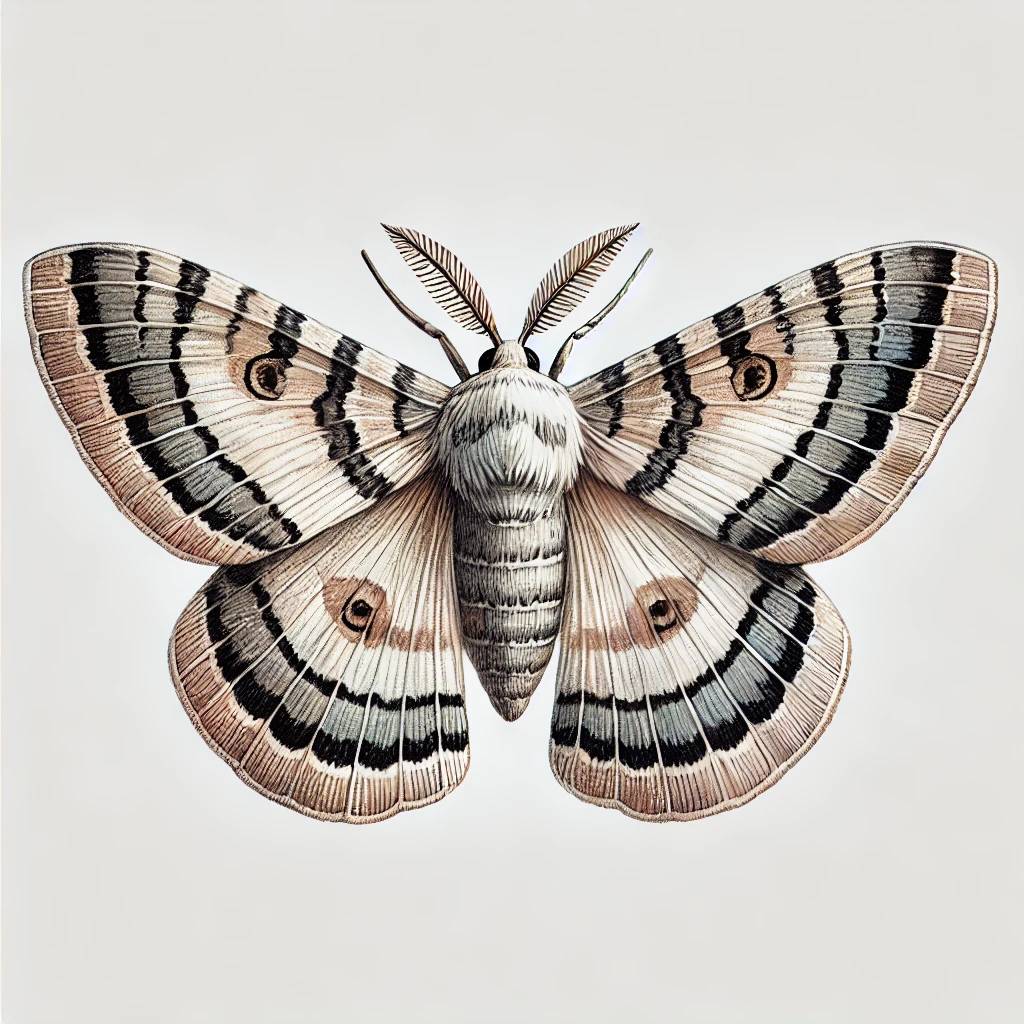 Realistic illustration of a detailed moth with symmetrical wings showcasing intricate patterns in soft beige, gray, and brown tones. The moth is centered on a clean white background, highlighting its natural textures