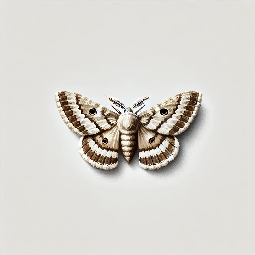 Realistic miniature illustration of a moth, delicately centered on a white background. The moth features simplified, symmetrical wings with soft brown and beige patterns, surrounded by ample white space for a minimal aesthetic