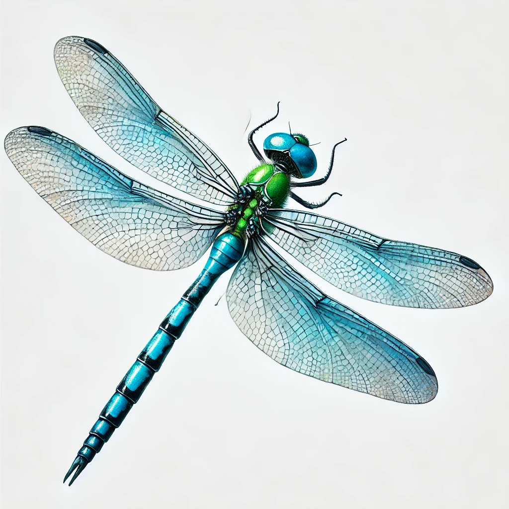 A realistic watercolor design of a small dragonfly with vibrant details, set against a clean white background for a delicate and elegant look
