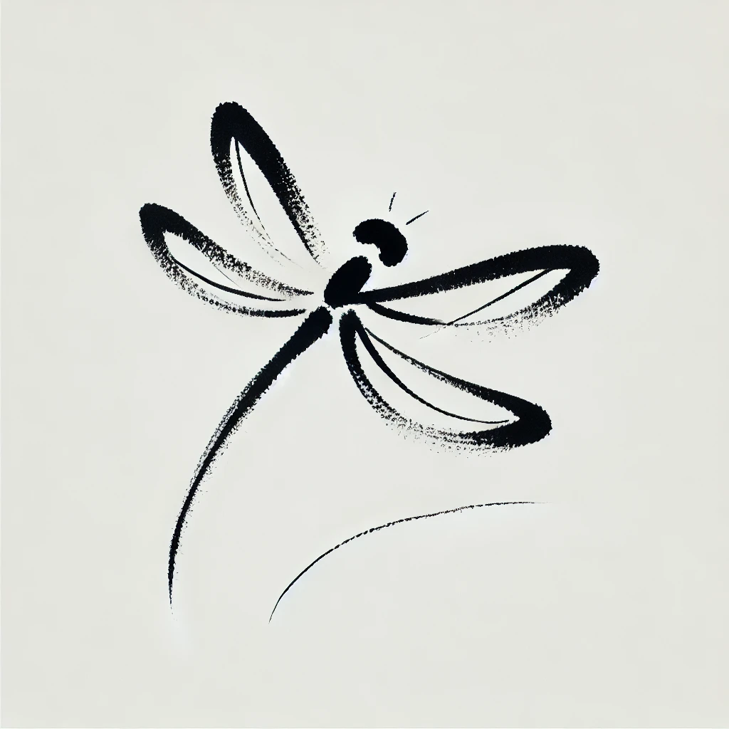 Minimalist sumi-e style dragonfly tattoo design with artistic black ink strokes, perfect for simple and elegant dragonfly tattoo ideas
