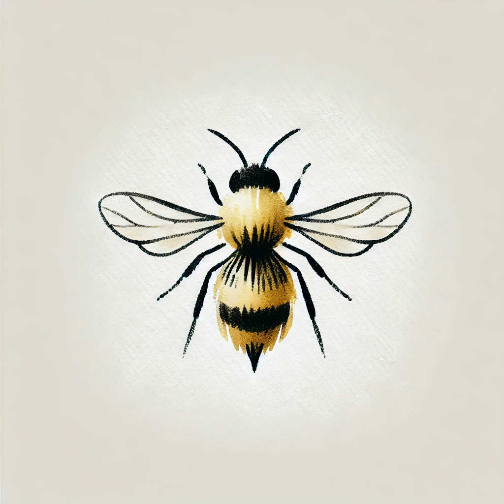 A realistic bee drawing with vibrant yellow and black stripes, shown on a light background, ideal for bee tattoo ideas with a classic look