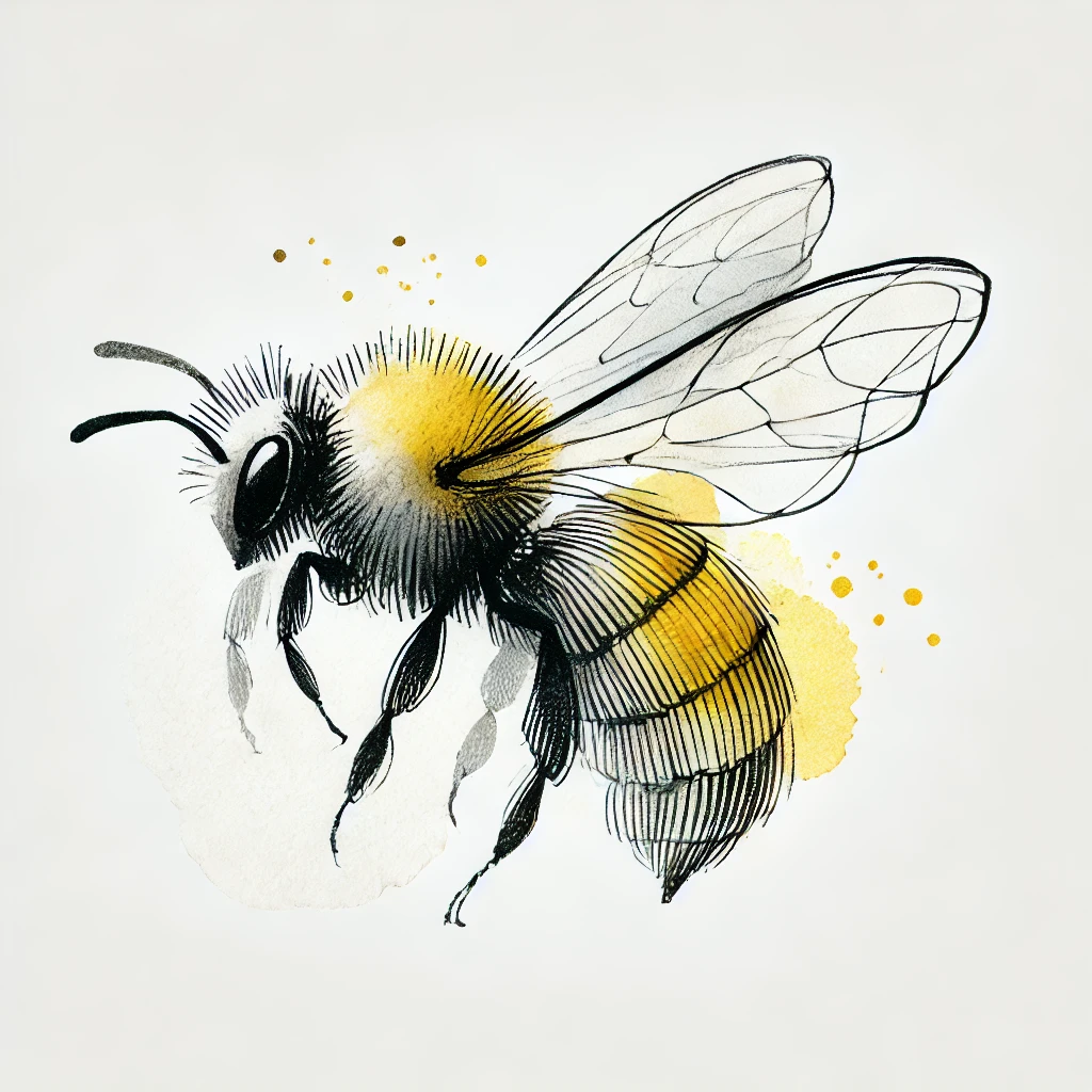 A realistic watercolor bee artwork with soft splashes of yellow and black, showcasing intricate wing details, perfect for unique bee tattoos