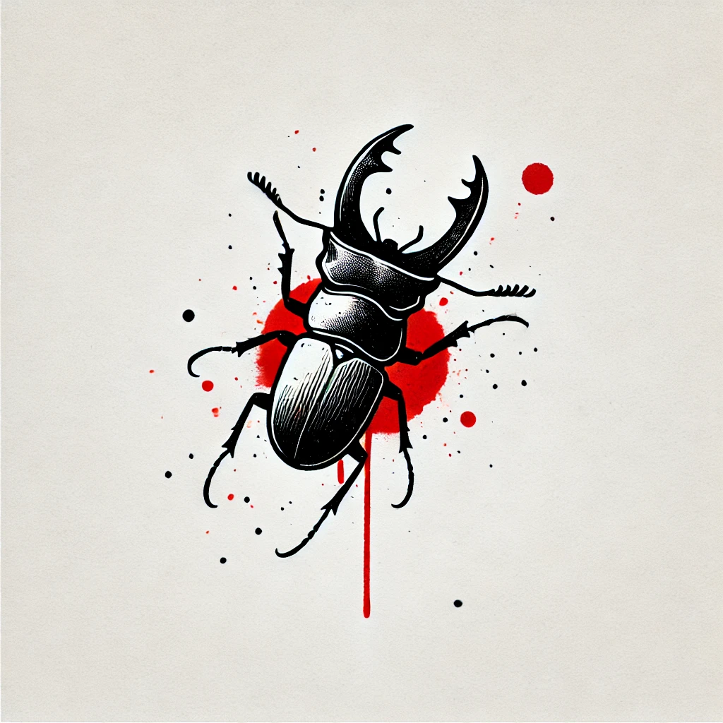 Artistic stag beetle tattoo design in Trash Polka style, featuring bold ink splashes and realistic details for a striking and modern look.