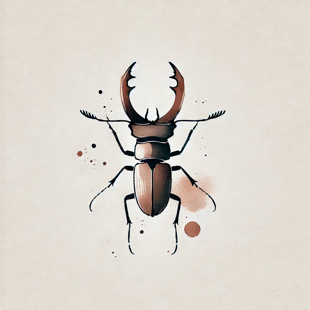 : Delicate scarab beetle tattoo with splashes of ink and earthy tones, showcasing a blend of modern artistry and natural inspiration