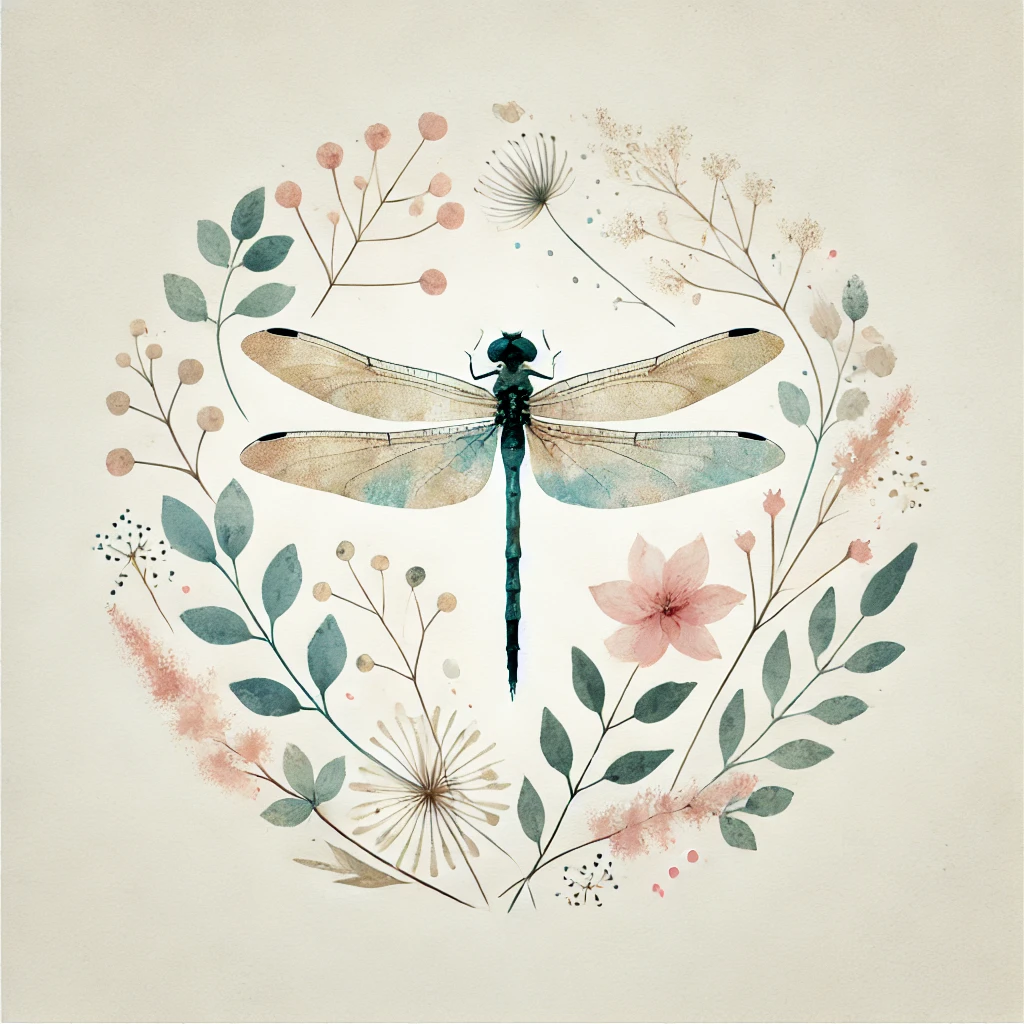An artistic watercolor dragonfly encircled by a floral wreath, featuring pastel tones of pink, green, and blue for a harmonious and refined design